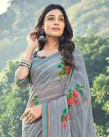 Vishal Prints Grey Printed Georgette Saree With Border