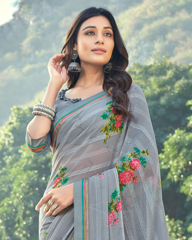 Vishal Prints Grey Printed Georgette Saree With Border