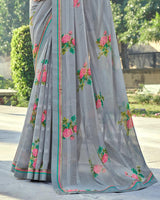 Vishal Prints Grey Printed Georgette Saree With Border