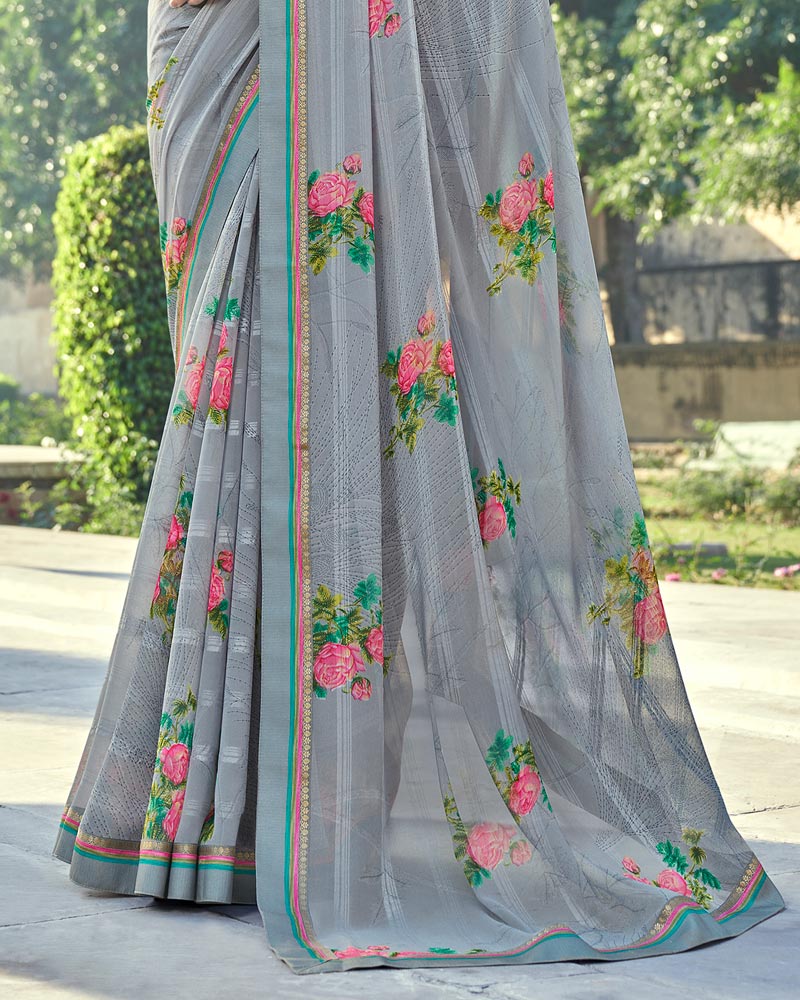 Vishal Prints Grey Printed Georgette Saree With Border