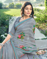 Vishal Prints Grey Printed Georgette Saree With Border