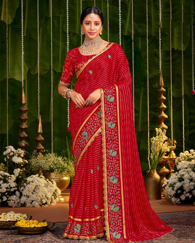 Vishal Prints Dark Red Designer Chiffon-Viscose Saree With Embroidery-Diamond Work And Cut Work Border