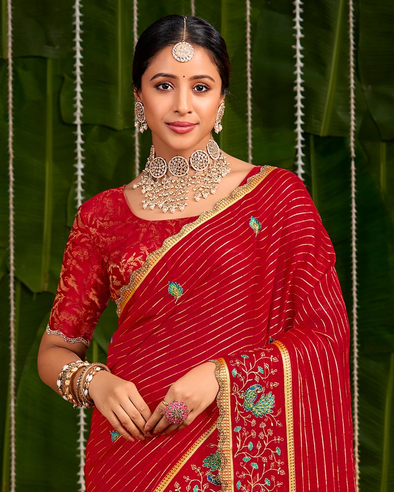 Vishal Prints Dark Red Designer Chiffon-Viscose Saree With Embroidery-Diamond Work And Cut Work Border