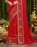 Vishal Prints Dark Red Designer Chiffon-Viscose Saree With Embroidery-Diamond Work And Cut Work Border