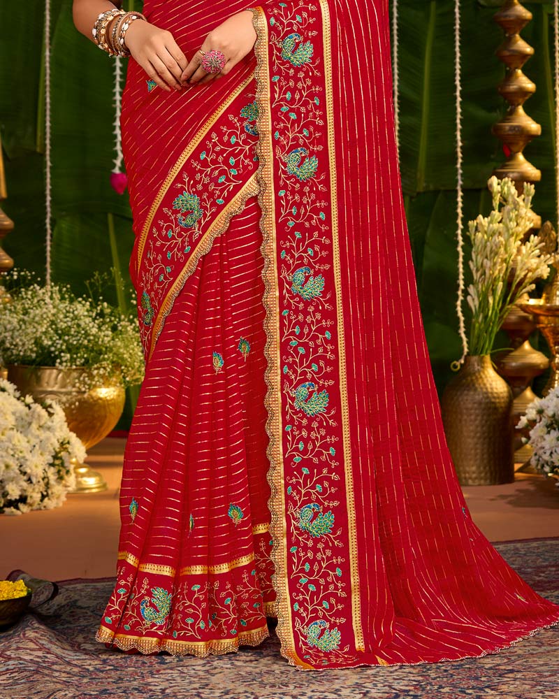 Vishal Prints Dark Red Designer Chiffon-Viscose Saree With Embroidery-Diamond Work And Cut Work Border
