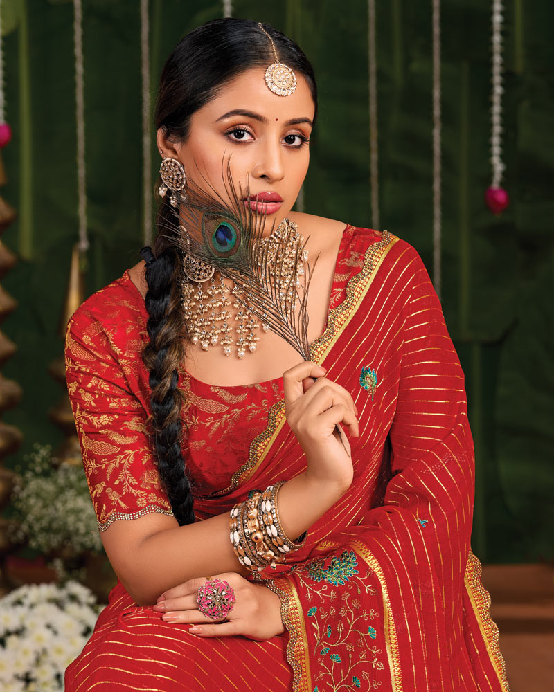 Vishal Prints Dark Red Designer Chiffon-Viscose Saree With Embroidery-Diamond Work And Cut Work Border