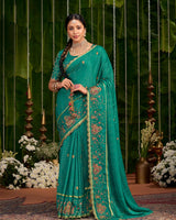 Vishal Prints Tropical Green Designer Chiffon-Viscose Saree With Embroidery-Diamond Work And Cut Work Border
