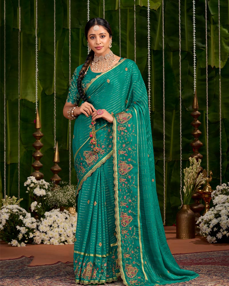 Vishal Prints Tropical Green Designer Chiffon-Viscose Saree With Embroidery-Diamond Work And Cut Work Border