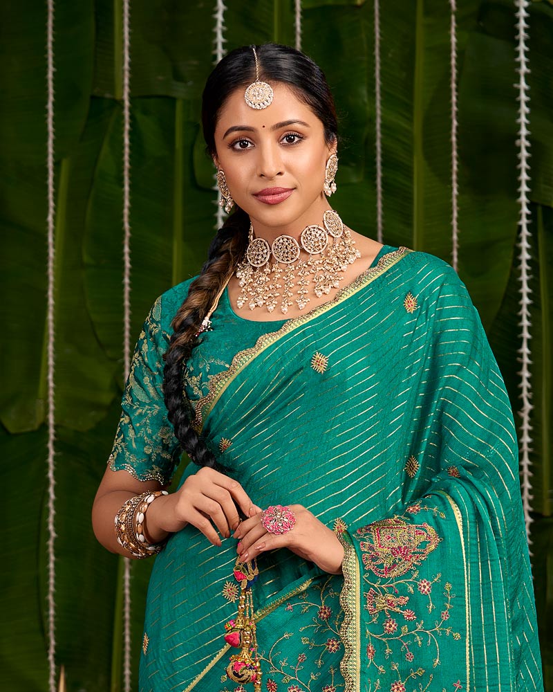 Vishal Prints Tropical Green Designer Chiffon-Viscose Saree With Embroidery-Diamond Work And Cut Work Border