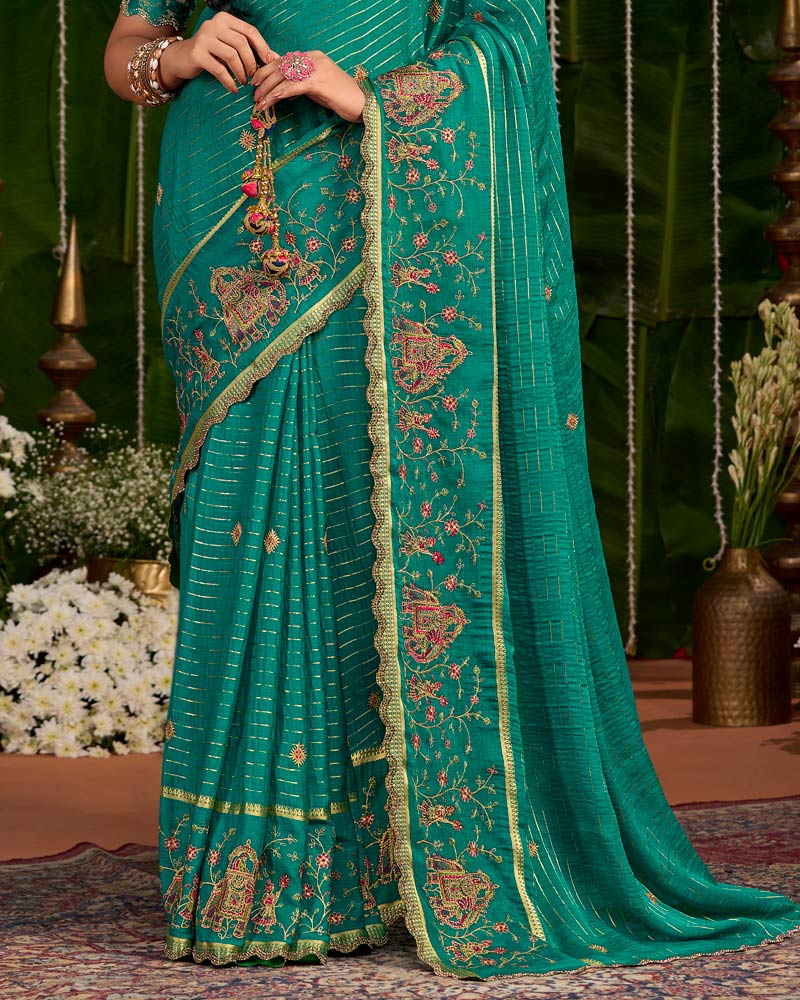 Vishal Prints Tropical Green Designer Chiffon-Viscose Saree With Embroidery-Diamond Work And Cut Work Border