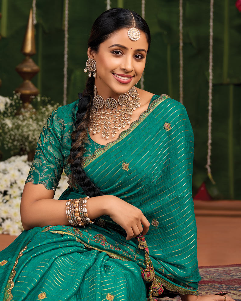 Vishal Prints Tropical Green Designer Chiffon-Viscose Saree With Embroidery-Diamond Work And Cut Work Border