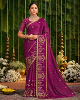 Vishal Prints Dark Fuchsia Designer Chiffon-Viscose Saree With Embroidery-Diamond Work And Cut Work Border