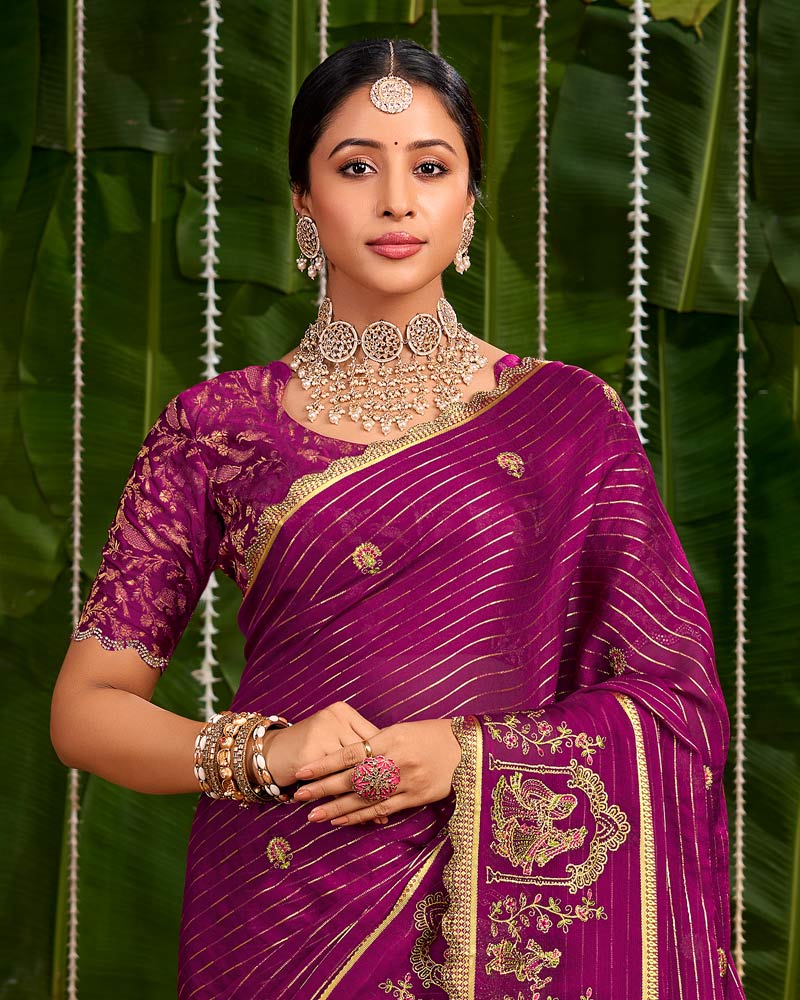 Vishal Prints Dark Fuchsia Designer Chiffon-Viscose Saree With Embroidery-Diamond Work And Cut Work Border
