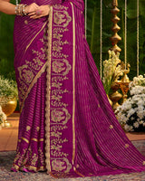 Vishal Prints Dark Fuchsia Designer Chiffon-Viscose Saree With Embroidery-Diamond Work And Cut Work Border