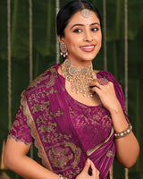 Vishal Prints Dark Fuchsia Designer Chiffon-Viscose Saree With Embroidery-Diamond Work And Cut Work Border