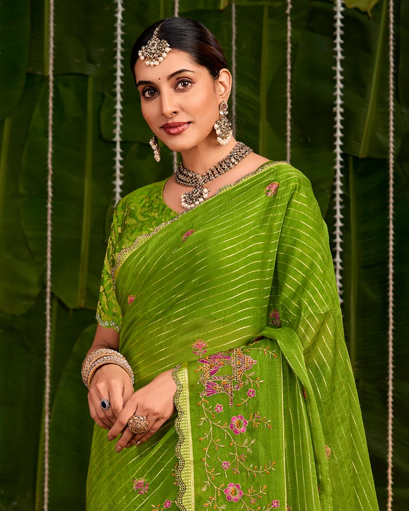 Vishal Prints Mehandi Green Designer Chiffon-Viscose Saree With Embroidery-Diamond Work And Cut Work Border