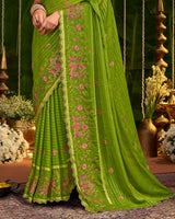 Vishal Prints Mehandi Green Designer Chiffon-Viscose Saree With Embroidery-Diamond Work And Cut Work Border