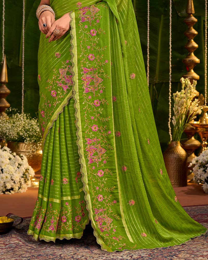 Vishal Prints Mehandi Green Designer Chiffon-Viscose Saree With Embroidery-Diamond Work And Cut Work Border