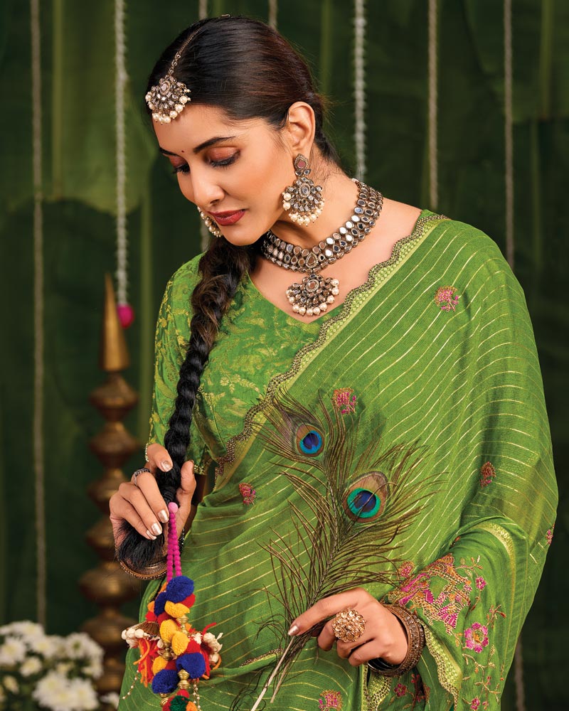 Vishal Prints Mehandi Green Designer Chiffon-Viscose Saree With Embroidery-Diamond Work And Cut Work Border
