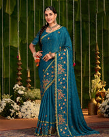Vishal Prints Peacock Blue Designer Chiffon-Viscose Saree With Embroidery-Diamond Work And Cut Work Border