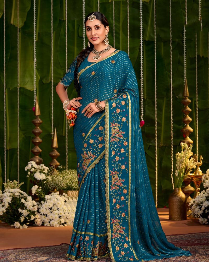 Vishal Prints Peacock Blue Designer Chiffon-Viscose Saree With Embroidery-Diamond Work And Cut Work Border