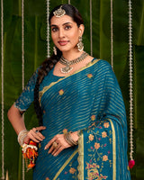 Vishal Prints Peacock Blue Designer Chiffon-Viscose Saree With Embroidery-Diamond Work And Cut Work Border