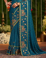 Vishal Prints Peacock Blue Designer Chiffon-Viscose Saree With Embroidery-Diamond Work And Cut Work Border