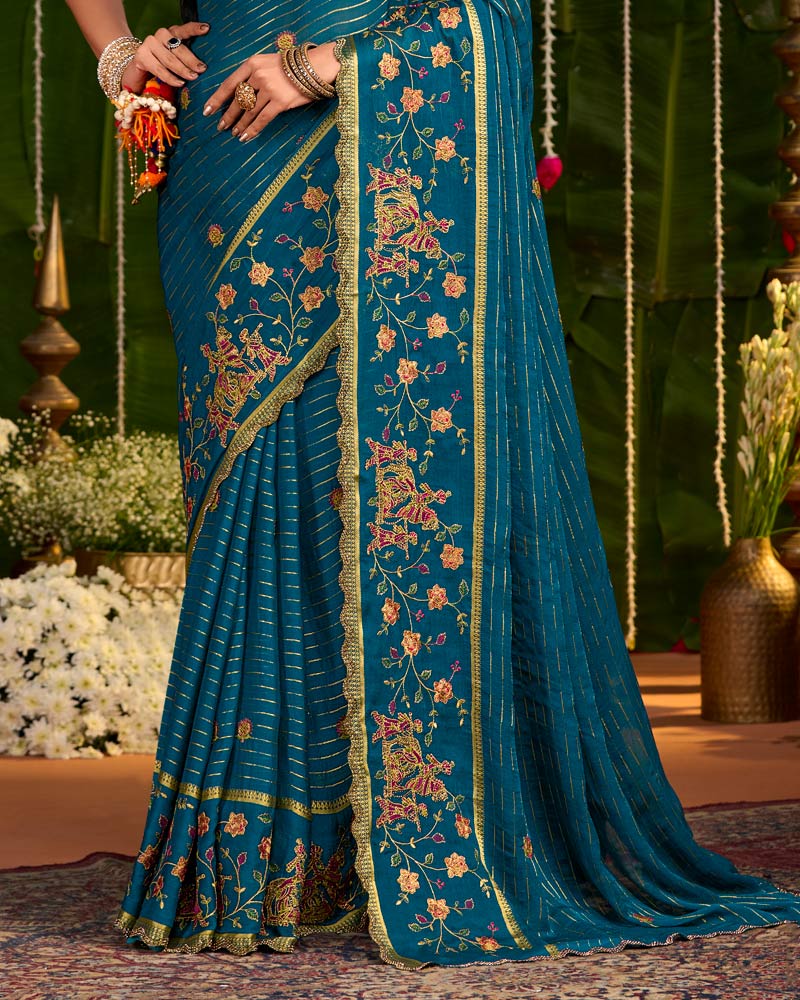 Vishal Prints Peacock Blue Designer Chiffon-Viscose Saree With Embroidery-Diamond Work And Cut Work Border