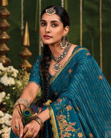 Vishal Prints Peacock Blue Designer Chiffon-Viscose Saree With Embroidery-Diamond Work And Cut Work Border