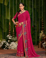 Vishal Prints Purplish Red Designer Chiffon-Viscose Saree With Embroidery-Diamond Work And Cut Work Border