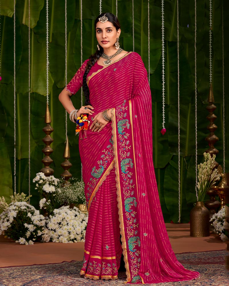 Vishal Prints Purplish Red Designer Chiffon-Viscose Saree With Embroidery-Diamond Work And Cut Work Border