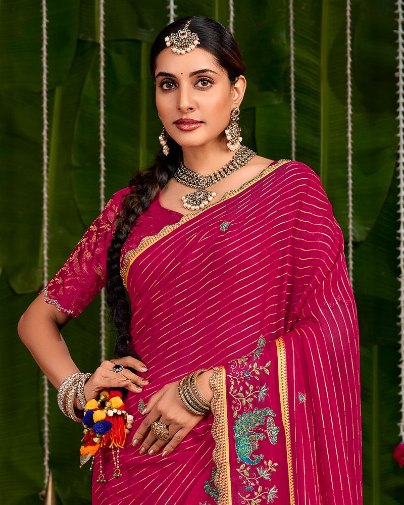 Vishal Prints Purplish Red Designer Chiffon-Viscose Saree With Embroidery-Diamond Work And Cut Work Border