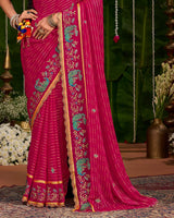 Vishal Prints Purplish Red Designer Chiffon-Viscose Saree With Embroidery-Diamond Work And Cut Work Border