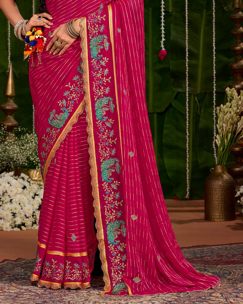 Vishal Prints Purplish Red Designer Chiffon-Viscose Saree With Embroidery-Diamond Work And Cut Work Border