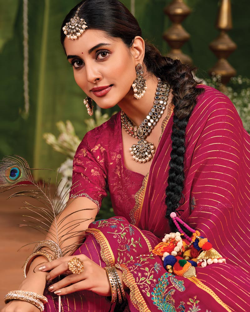 Vishal Prints Purplish Red Designer Chiffon-Viscose Saree With Embroidery-Diamond Work And Cut Work Border