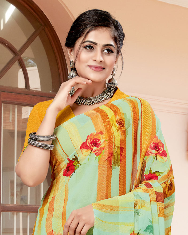 Vishal Prints Light Turquoise Mustard Digital Print Georgette Saree