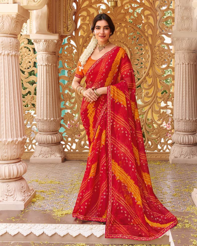 Vishal Prints Red Fancy Chiffon Traditional Print Saree With Fancy Border