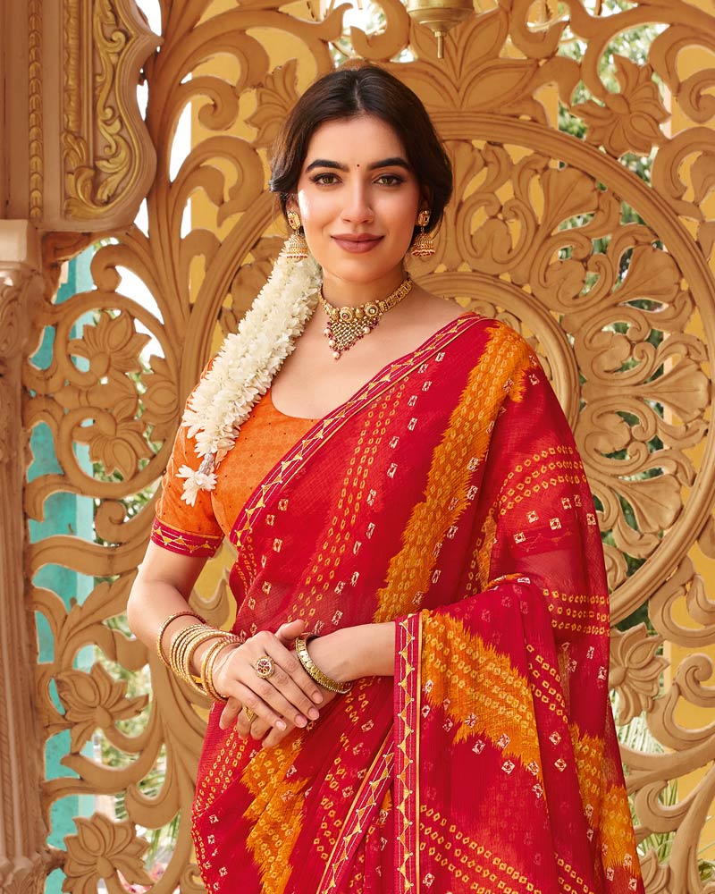 Vishal Prints Red Fancy Chiffon Traditional Print Saree With Fancy Border