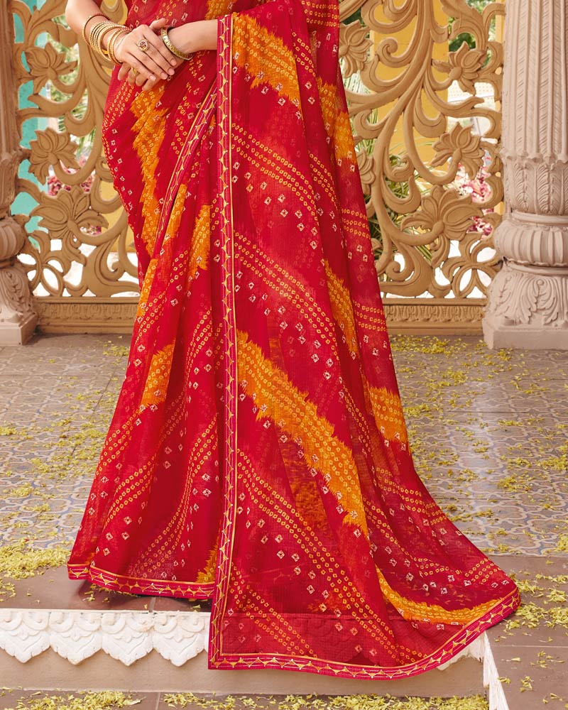 Vishal Prints Red Fancy Chiffon Traditional Print Saree With Fancy Border