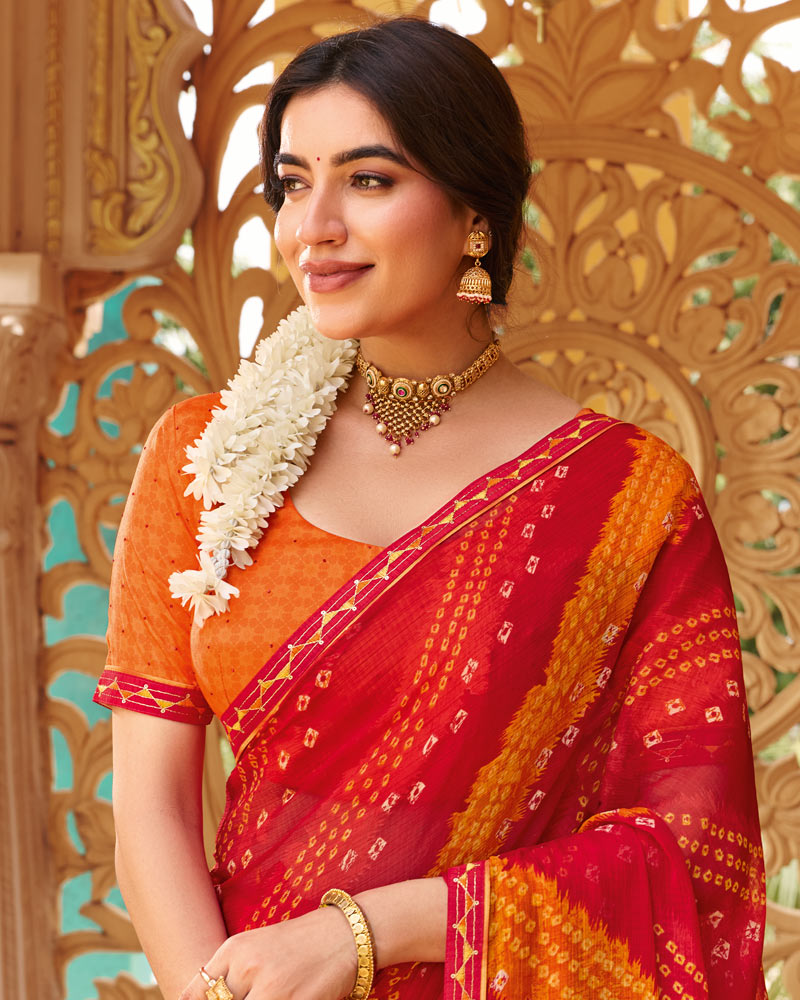 Vishal Prints Red Fancy Chiffon Traditional Print Saree With Fancy Border