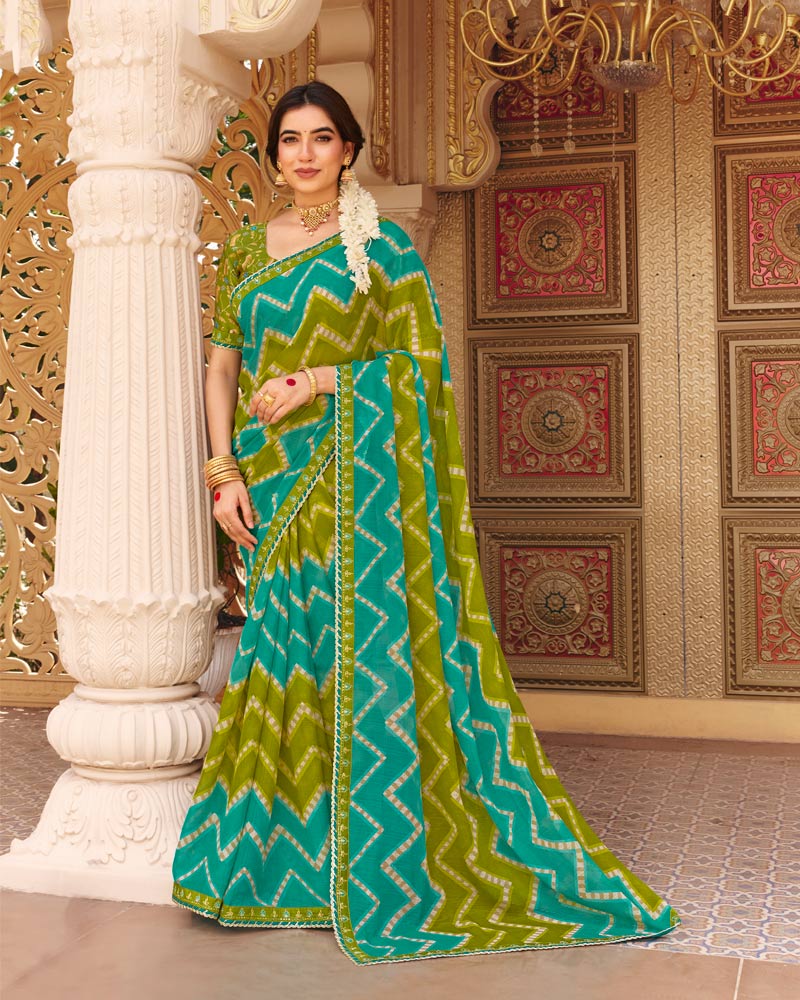 Vishal Prints Mehandi-Turquoise Green Fancy Chiffon Traditional Print Saree With Fancy Border