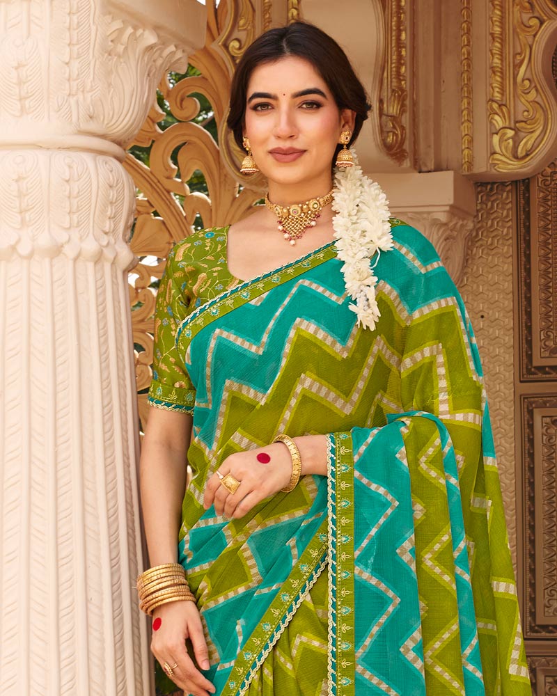 Vishal Prints Mehandi-Turquoise Green Fancy Chiffon Traditional Print Saree With Fancy Border