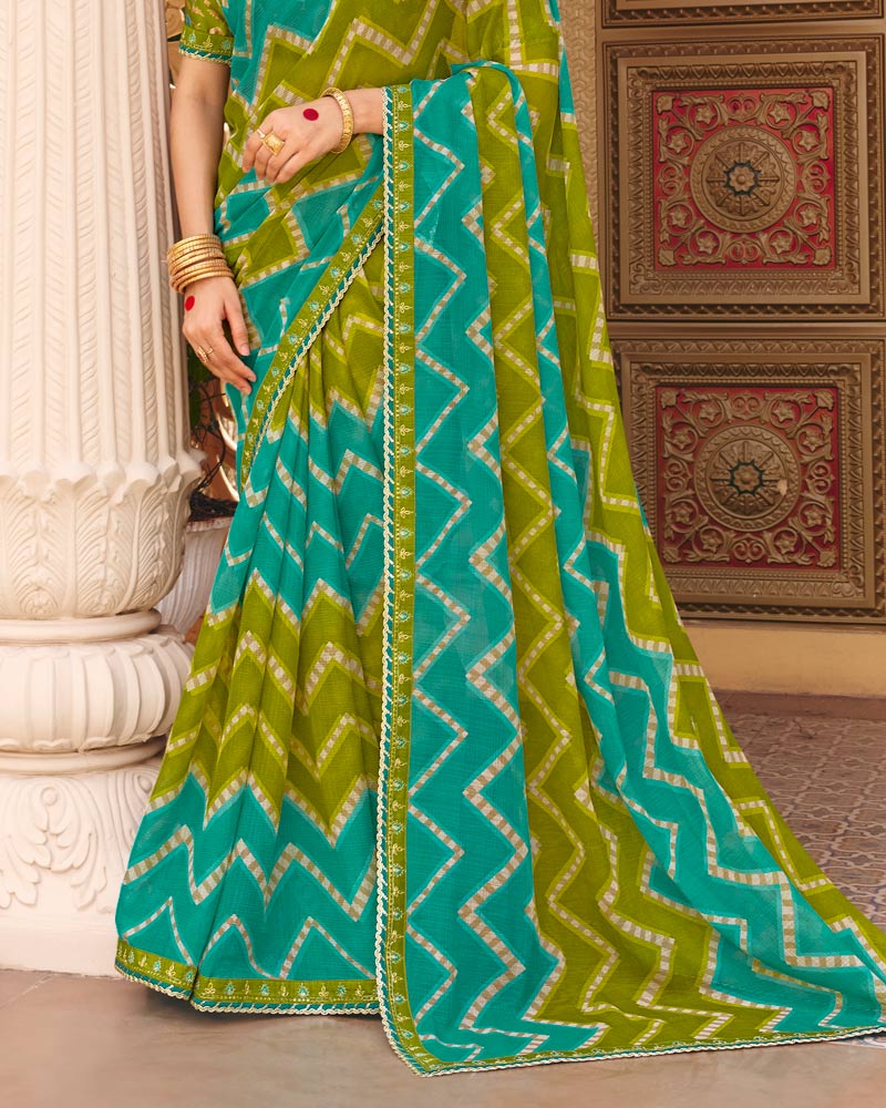 Vishal Prints Mehandi-Turquoise Green Fancy Chiffon Traditional Print Saree With Fancy Border