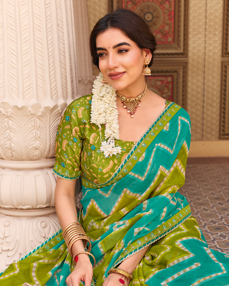 Vishal Prints Mehandi-Turquoise Green Fancy Chiffon Traditional Print Saree With Fancy Border