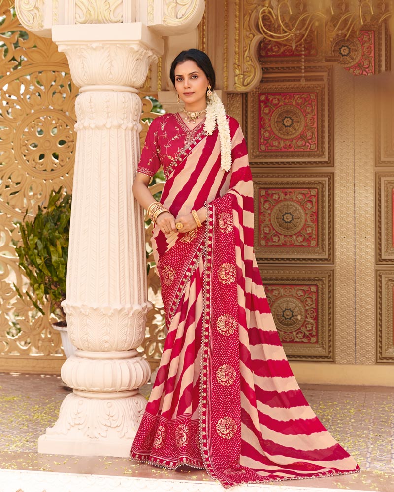 Vishal Prints Off White-Raspberry Pink Fancy Chiffon Traditional Print Saree With Foil Print And Fancy Border