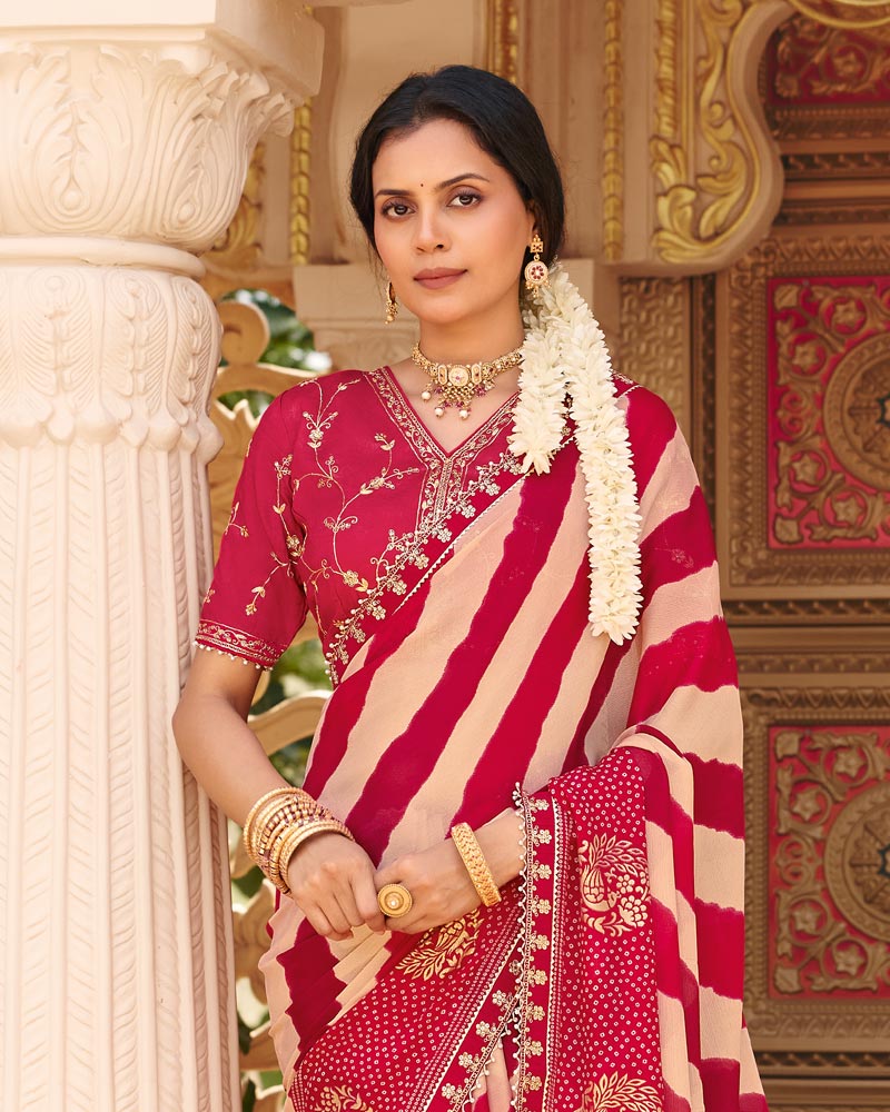 Vishal Prints Off White-Raspberry Pink Fancy Chiffon Traditional Print Saree With Foil Print And Fancy Border