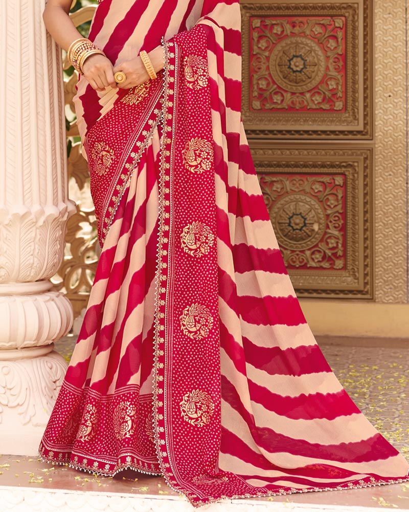 Vishal Prints Off White-Raspberry Pink Fancy Chiffon Traditional Print Saree With Foil Print And Fancy Border