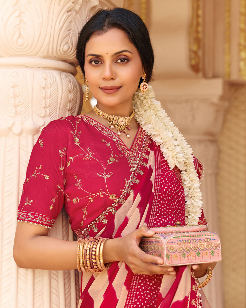 Vishal Prints Off White-Raspberry Pink Fancy Chiffon Traditional Print Saree With Foil Print And Fancy Border