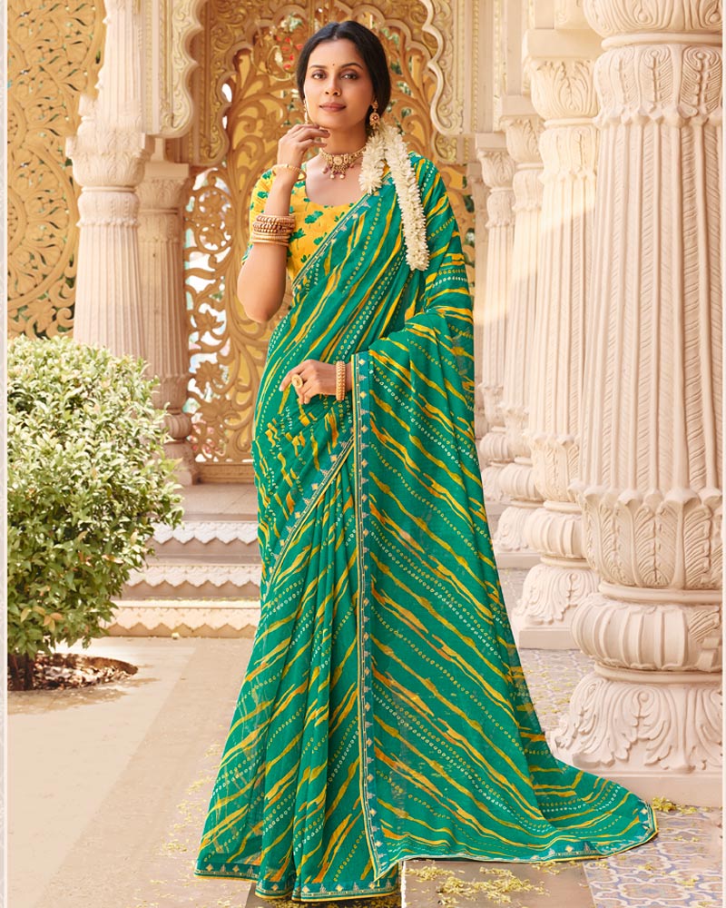 Vishal Prints Teal Green Fancy Chiffon Traditional Print Saree With Fancy Border