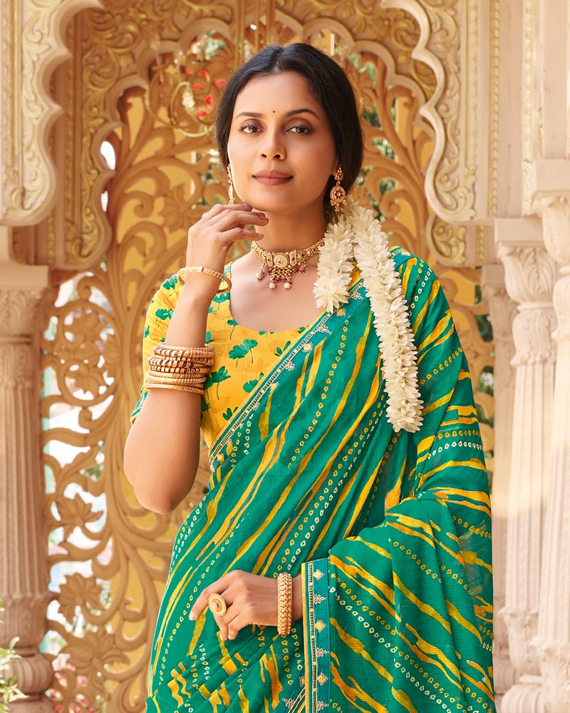 Vishal Prints Teal Green Fancy Chiffon Traditional Print Saree With Fancy Border